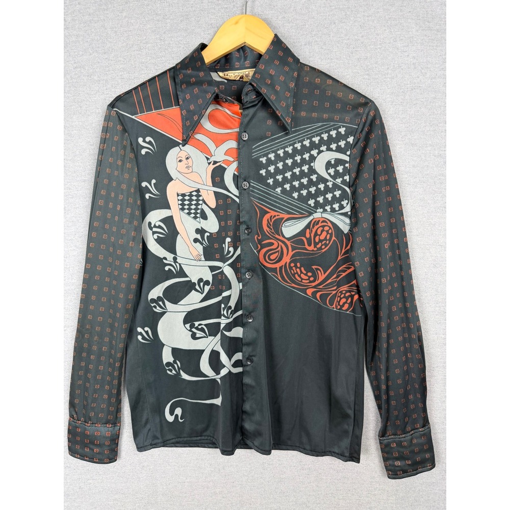 Vintage Mark Elliot 70s Disco Shirt Mens Medium Black Orange Novelty Print Korea